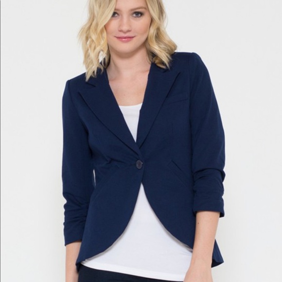 Esley Jackets & Blazers - Esley Navy Blue 3/4 Sleeve Single Button Blazer